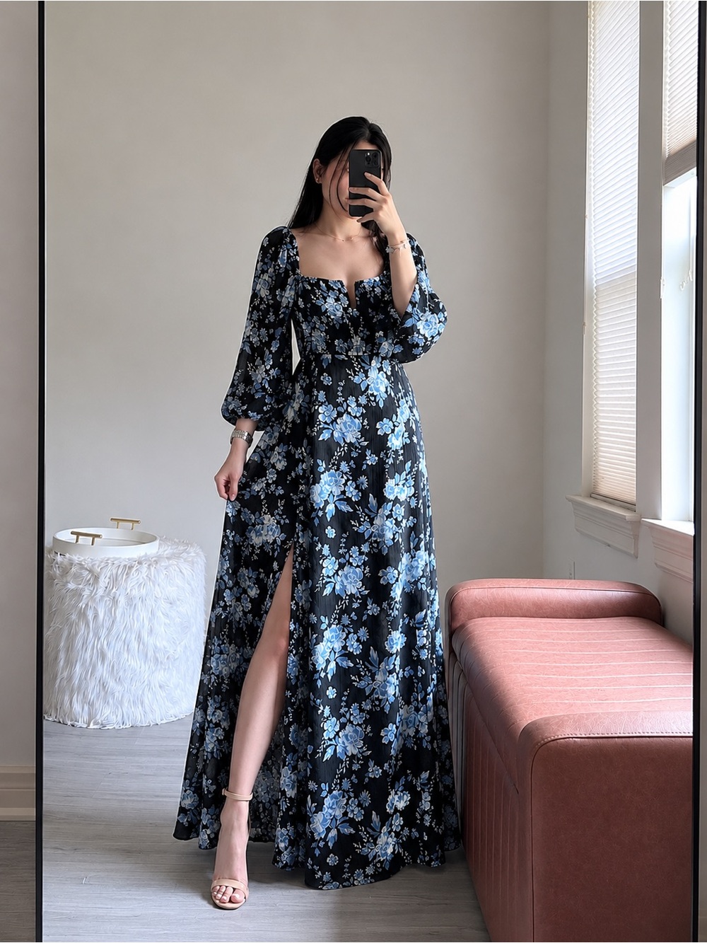Free People Black Maxi Dress with Blue Floral Print